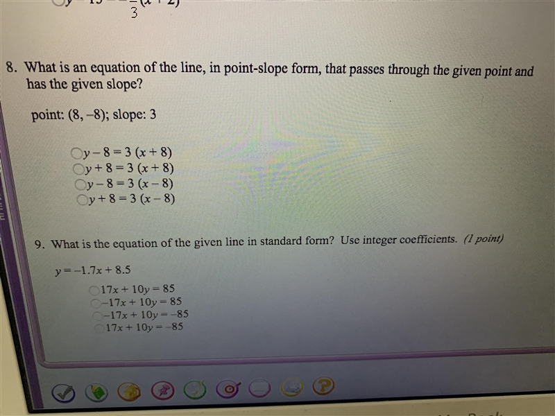 What is an equation of the line, in point-slope form, that passes through the given-example-1