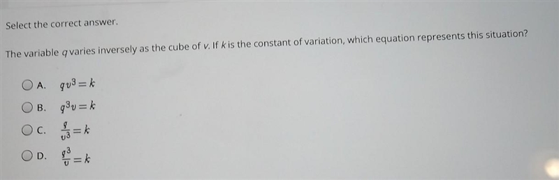 navigate to first person in the variable k a r q varies inversely as a cube of V if-example-1