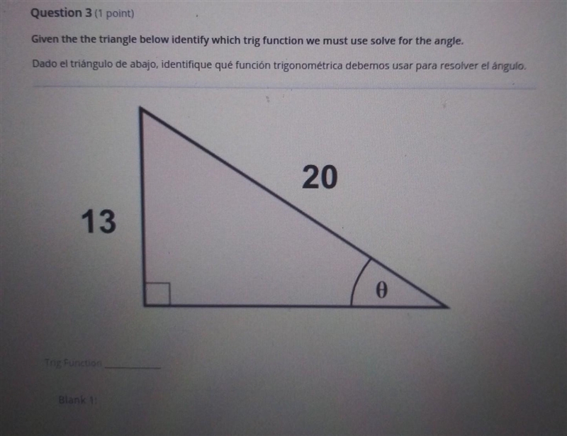 Given the triangle below identify which trig function we must use, solve for the anglesTrig-example-1