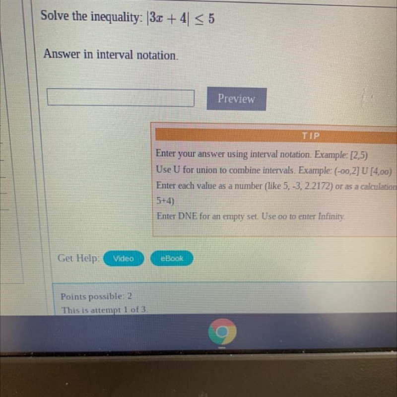 Solve the inequality: 3x + 4 ≤ 5 Answer in interval notation.-example-1