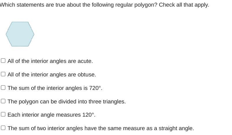 Which statements are true about the following regular polygon? Check all that apply-example-1