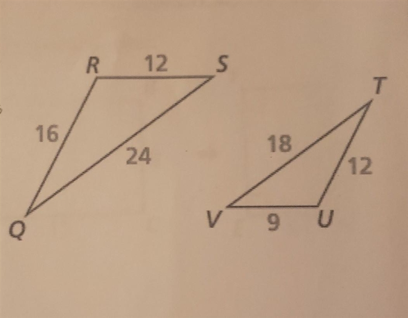 Determine if the following triangles are similar. If so, complete the similarity statement-example-1