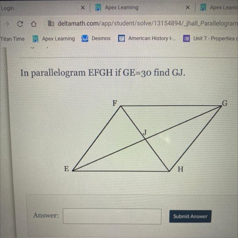 In parallelogram EFGH if GE=30 find GJ.-example-1