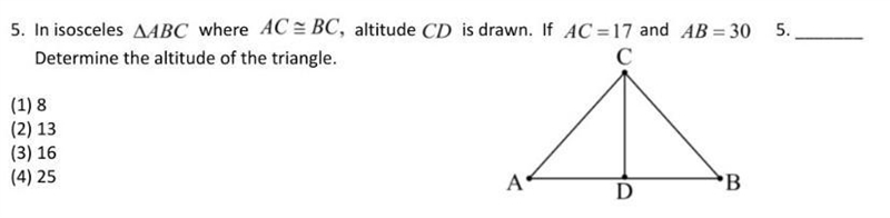 In isosceles △ABC where AC≅BC, altitiude CD is drawn. If AC= 17 and AB= 30. Determine-example-1