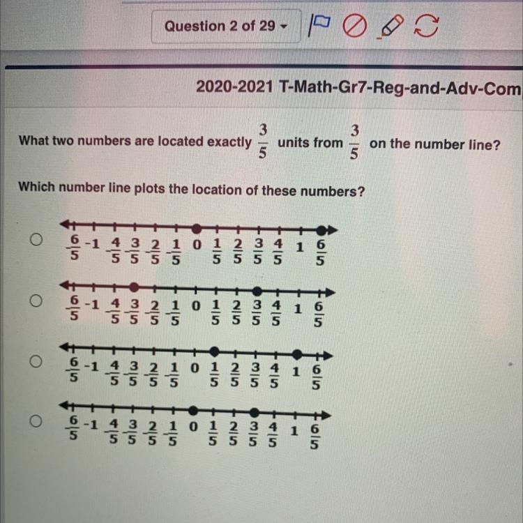 What two numbers are located exactly 3/5 units away from 3/4 on the number line-example-1