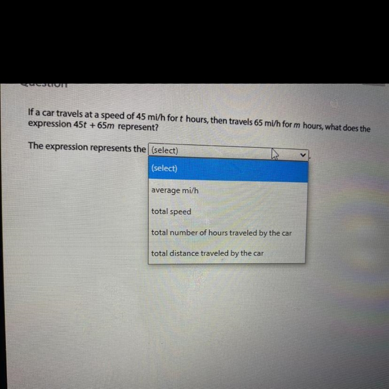 If a car travels at a speed of 45 mi/h fort hours, then travels 65 mi/h for m hours-example-1