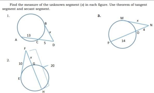 Find the measure of the unknown segment (x) in each figure. Use theorem of tangent-example-1