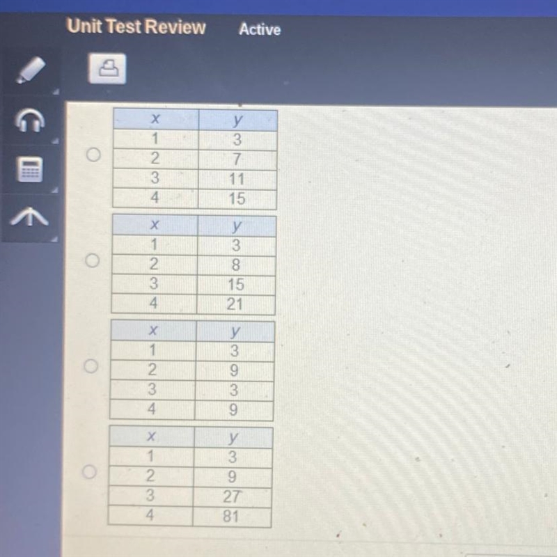 NEED ASAP !!!!! Which table represents a linear function?-example-1