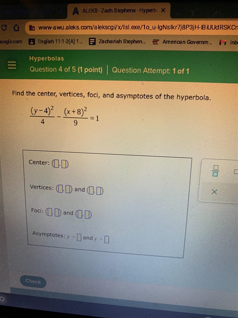 Find the center, vertices, foci, and asymptotes of the hyperbola.(y=4)? (x+8).-= 149Center-example-1