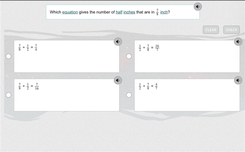 Which equation gives the number of half inches that are in 7878 inch?-example-1