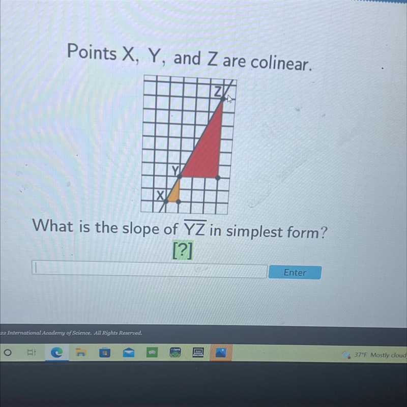 Points X, Y, and Z are colinear.xWhat is the slope of YZ in simplest form?[?]-example-1