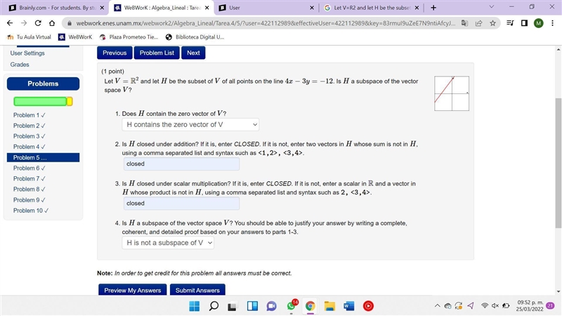 Let V=R2 and let H be the subset of V of all points on the line 4x−3y=−12. Is H a-example-1