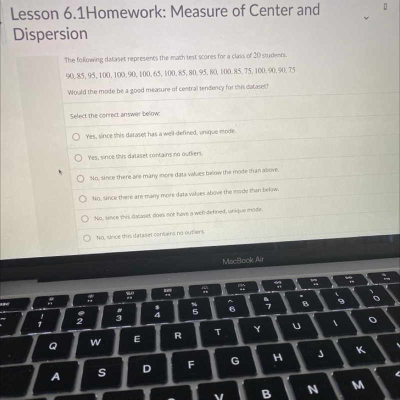 The following dataset represents the math test scores for a class of 20 students.90, 85, 95, 100, 100, 90, 100, 65, 100, 85, 80, 95, 80, 100, 85, 75, 100, 90, 90, 75Would-example-1