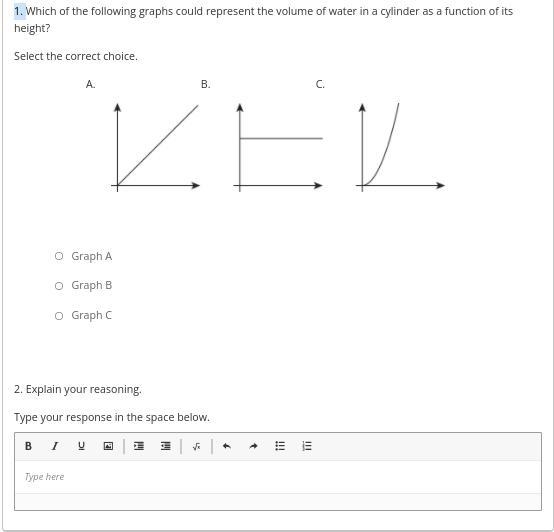 1. Which of the following graphs could represent the volume of water in a cylinder-example-1