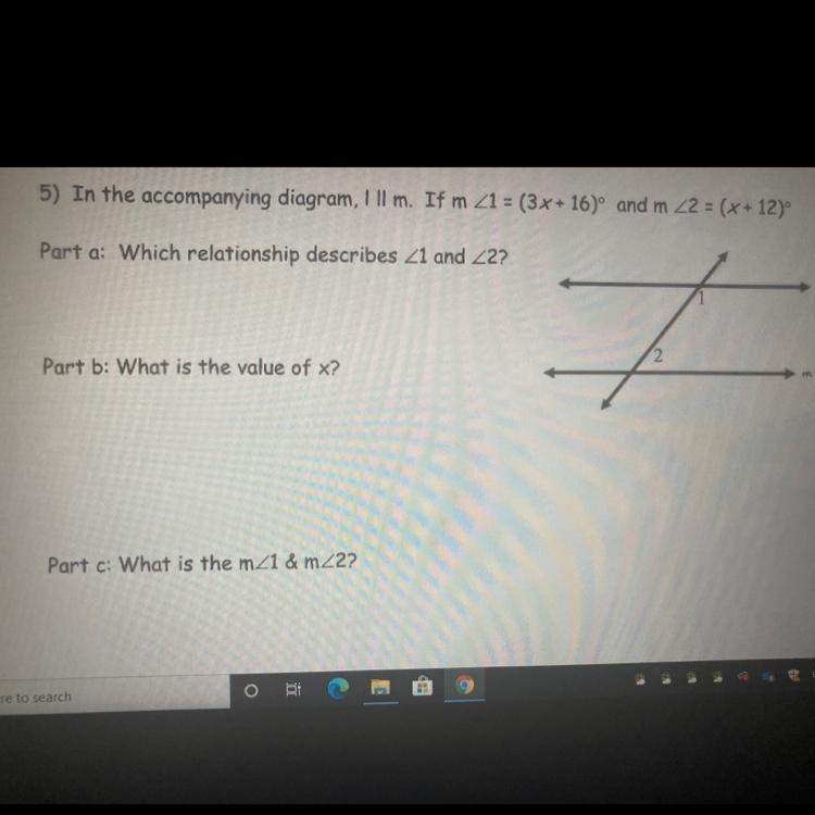 Part A: Which relationship describes <1 and <2? Part B: What is the value of-example-1