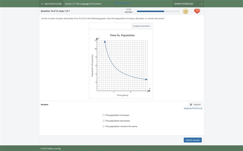 As the number of years decreases from 3 to 2 in the following graph, does the population-example-1