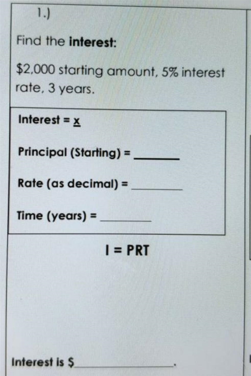 Find the interest: $2,000 starting amount, 5% interest rate, 3 years.-example-1