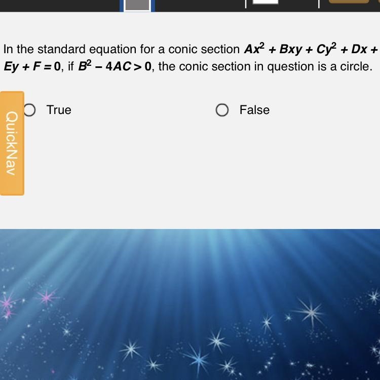 In the standard equation for a conic section Ax? + Bxy + Cy? + Dx +Ey + F = 0, if-example-1