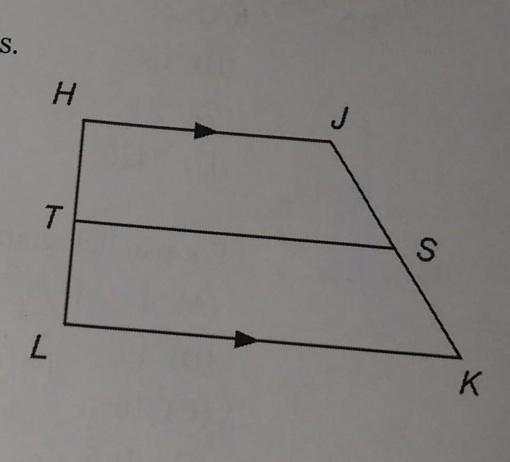 Gor trapezoid HJKL, T and S are midpoint of the legs. If HJ = 14 and LK = 42, find-example-1