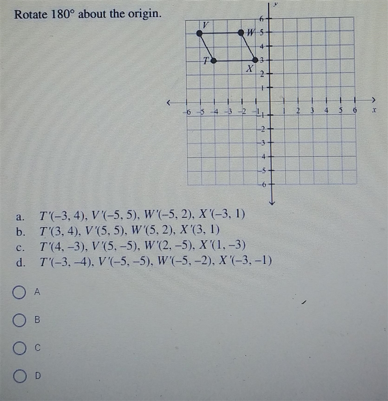 5. * 20 points Rotate 180° about the origin. 3 Y 4 5 3-example-1