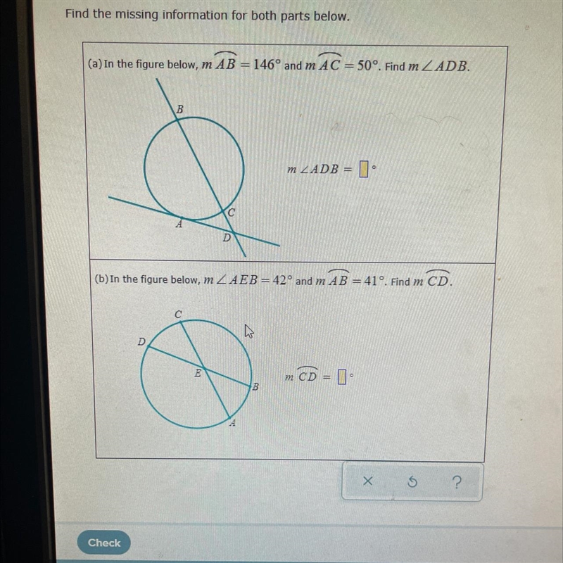 I need assistance with a geometry worksheet. Find missing information for both parts-example-1