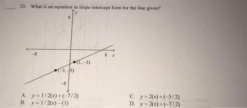 Name:25. What is an equation in slope-intercept form for the line given?88X•1, -3)1-3, 5)-8A-example-1