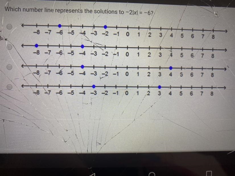 Which number line represents the solutions to -21x1 = -6? + + -8-7-6-5-4-3 -2 -1 0 1 -8-7-6-5-4-3-2-1 0 ++ + -8-7 -6 -5 -4 -3 -2 -1 0 -8-7-6 -5 -4 -3 -2 -1 0 1 2 3 2 2 3 4 FR-example-1