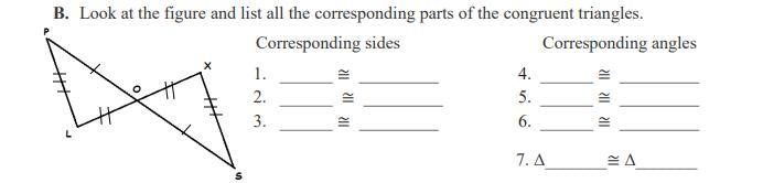 B. Look at the figure ang list all the corresponding parts of the congruent triangles-example-1