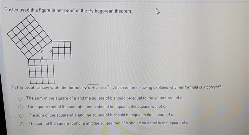 Ensley used this figure in her proof of the Pythagorean theorem. In her proof. Ensley-example-1