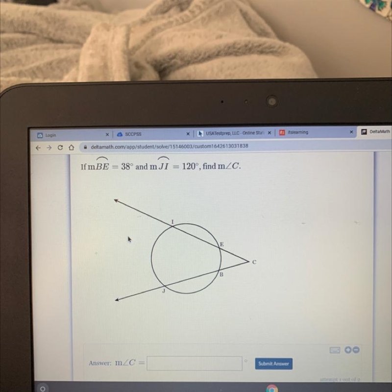 If mBE = 38 degrees and mJI= 120 degrees , find m < C-example-1