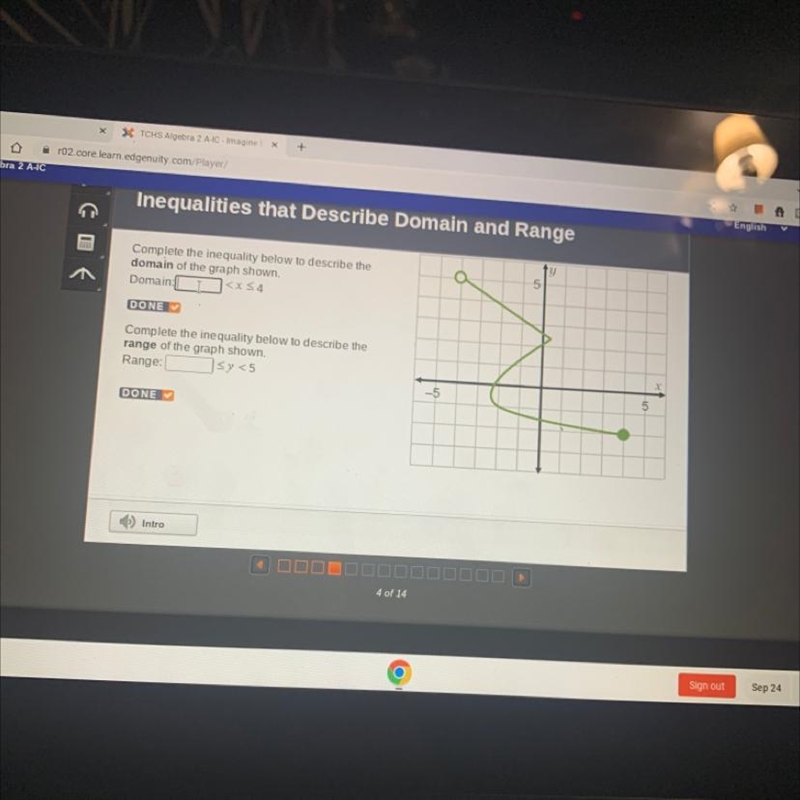 Complete the inequality below to describe the domain of the graph shown. Domain: DONE-example-1