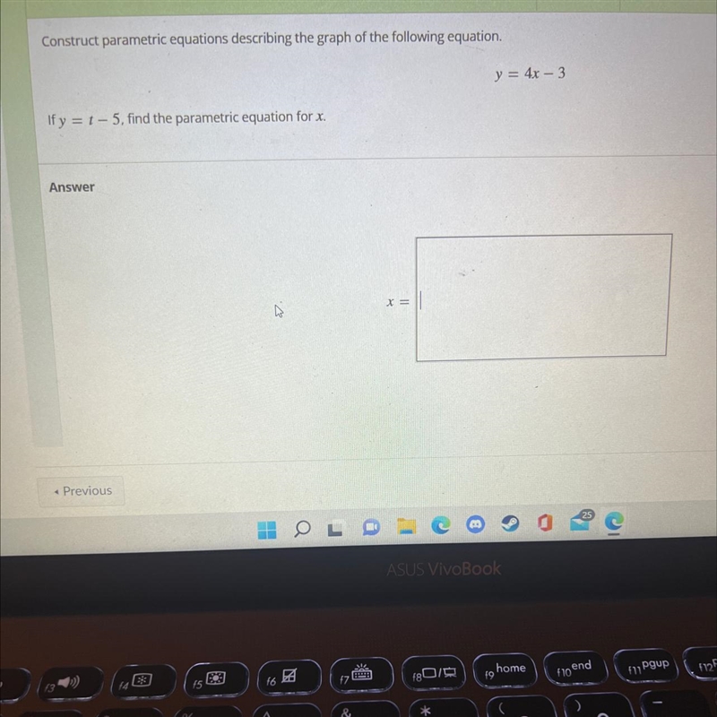 Construct parametric equations describing the graph of the following equation.y = 4x-example-1