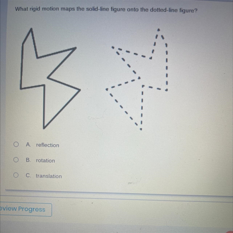 What rigid motion maps the solid-line figure onto the dotted-line figure? A reflection-example-1