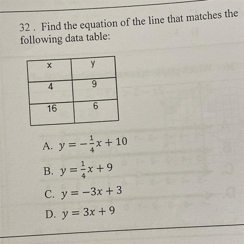 32. Find the equation of the line that matches thefollowing data table:Xy491661A. y-example-1