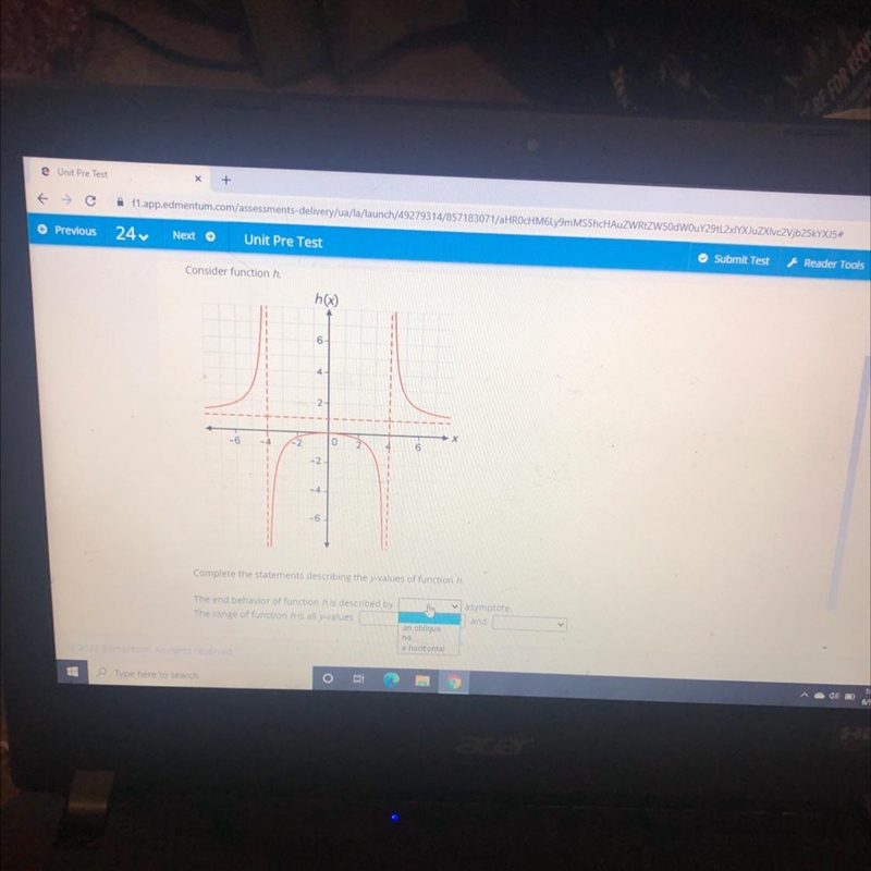 Consider function h.h(x)6X-6-420-21-4-6Complete the statements describing the y-values-example-1