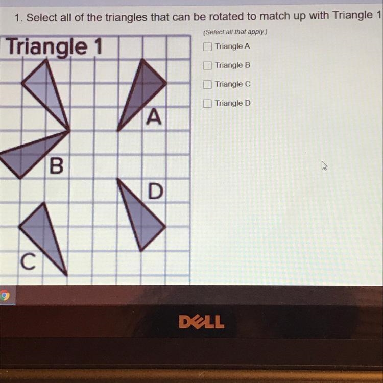 1. Select all of the triangles that can be rotated to match up with Triangle 1.(Select-example-1