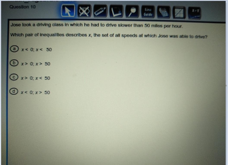 jose took driving class in which he had to drive slower than 50 miles per hour. Which-example-1