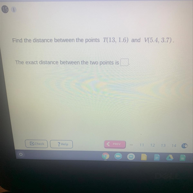 Find the distance between the points T(13, 1.6) and V(5.4, 3.7).The exact distance-example-1