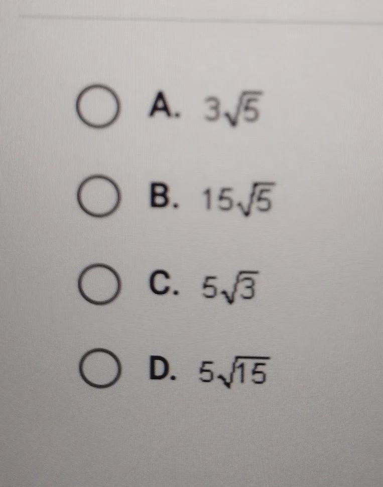 Which awnser is equivalent to the product below?√(5) * √(15)-example-1