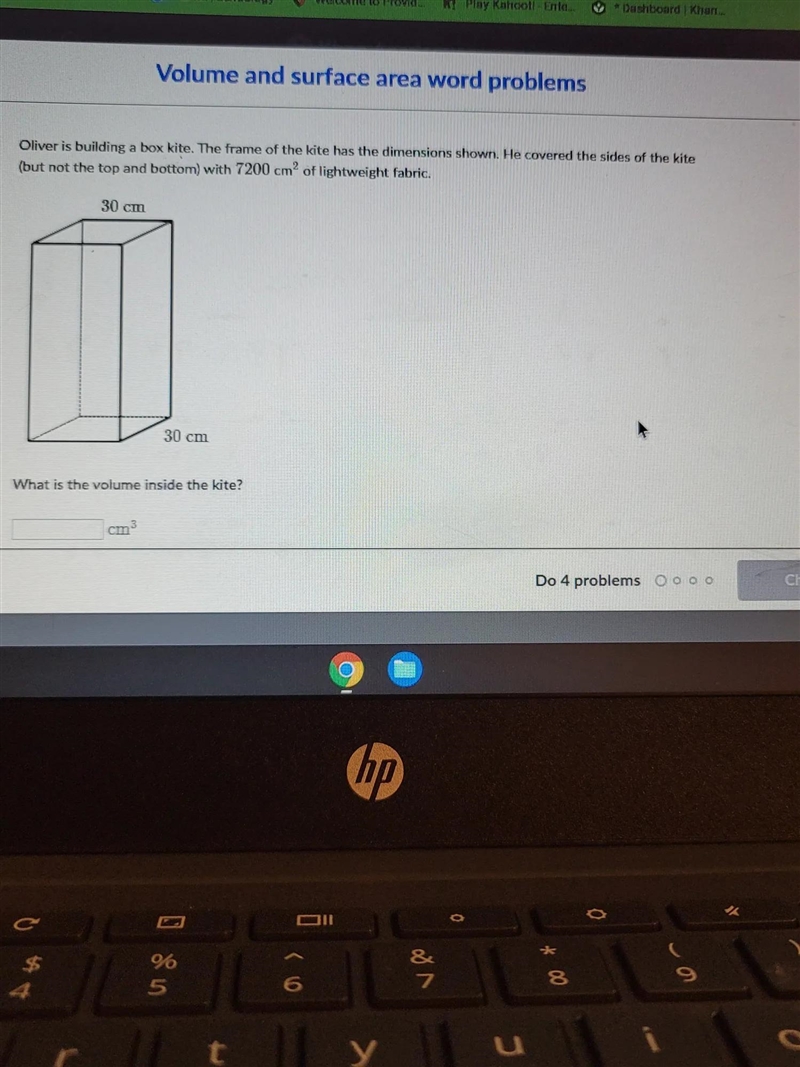 Volume and surface area word pr 30 cm BS 30 cm Co What is the volume inside the kite-example-1