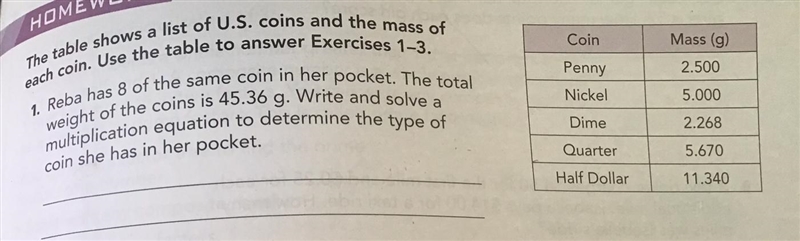 The table shows a list of U.S. coins and the mass of each coin. Use the table to answer-example-1