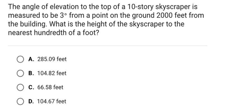 The angle of elevation to the top of a 10-story skyscraper ismeasured to be 3° from-example-1