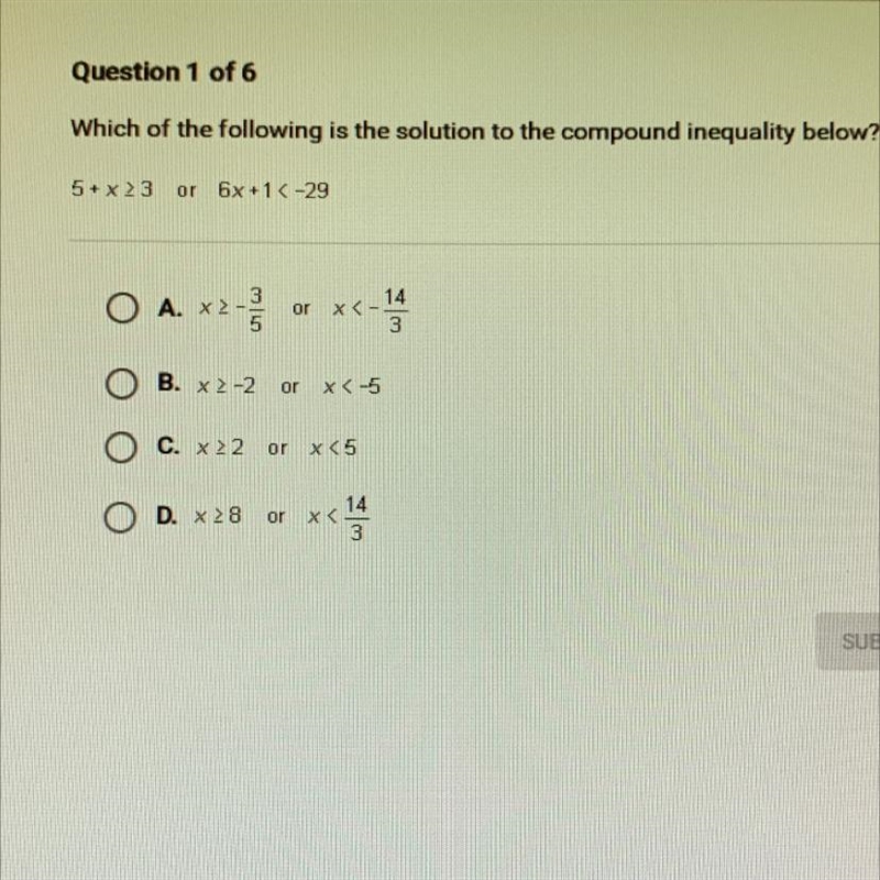 Which of the following is the solution to the compound inequality below?5 + x>3or-example-1