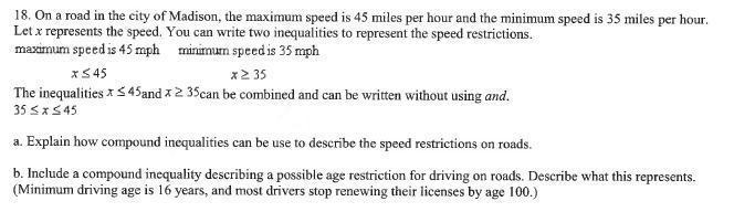 A. Explain how compound inequalities can be use to describe the speed restrictions-example-1