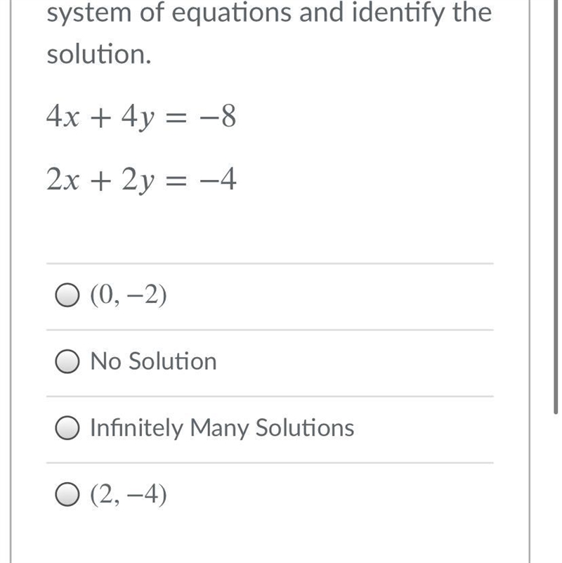 On your own paper, graph the system of equations and identify the solution.4+4=−82+2=-4-example-1