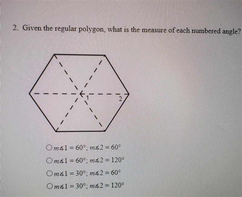 Given the regular polygon, what is the measure of each numbered angle?​​-example-1