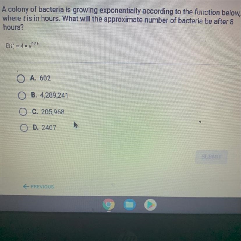 A colony of bacteria is growing exponentially according to the function below,where-example-1