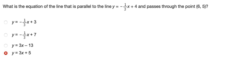 What is the equation of the line that is parallel to the line y = -1/3 x + 4 and passes-example-1