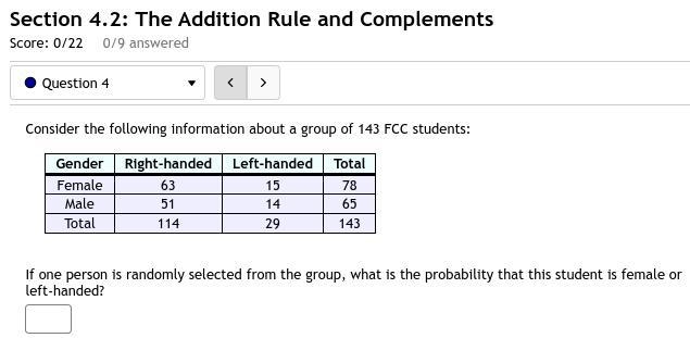 4. Consider the following information about a group of 143 FCC students: Gender Right-example-1