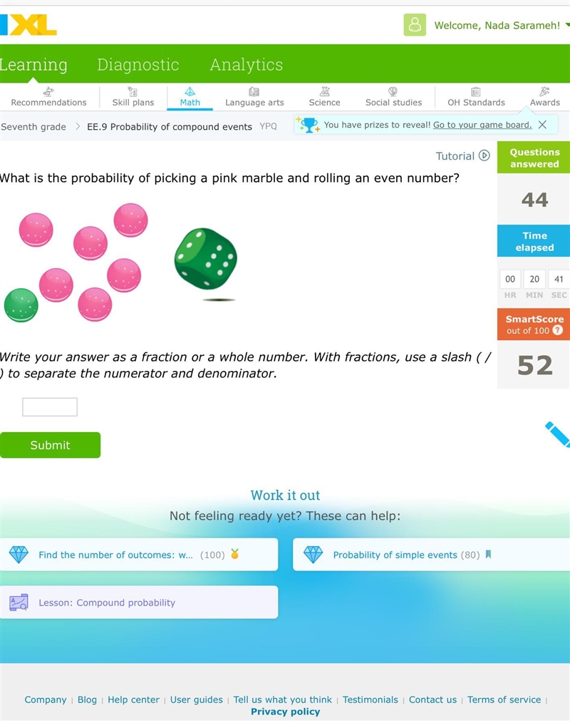 What is the probability of picking a pink marble and rolling an even number? Write-example-1